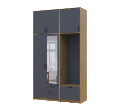 Šatní skříň Doros Rondi s věšákem, zrcadlem a vysokým nástavcem Dub Artisan / Grafit, 2 dvere 142×52×260 (42005279)