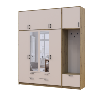 Šatní skříň Doros Rondi s věšákem, zrcadlem a vysokým nástavcem Dub Artisan / Kašmír, 4 dvere 220×52×260 (42005302)