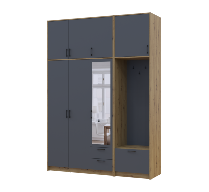 Šatní skříň Doros Rondi s věšákem, zrcadlem a vysokým nástavcem Dub Artisan / Grafit, 3 dvere 181×52×260 (42005291)